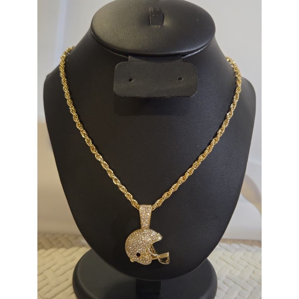Iced Cz‎ 14k Gold Plated Football Player Helmet Pendant 24 Rope Chain Necklace - Picture 6 of 9